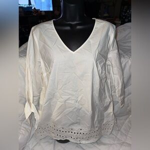 Talbots Eyelet Hem Tie Sleeve V-Neck Top